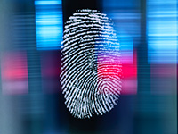 Fingerprint on a brightly colored screen depicting biometrics