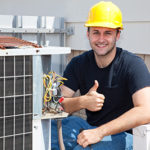 Air conditioner repair in Bay Head technician giving a thumbs up in front of an outdoor unit