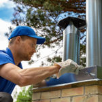 Manasquan chimney service professional at work on a roof wearing a blue shirt and hat and white work gloves