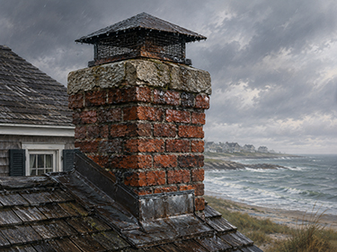 Close-up of a aged brick chimney in Asbury Park with the ocean in the background